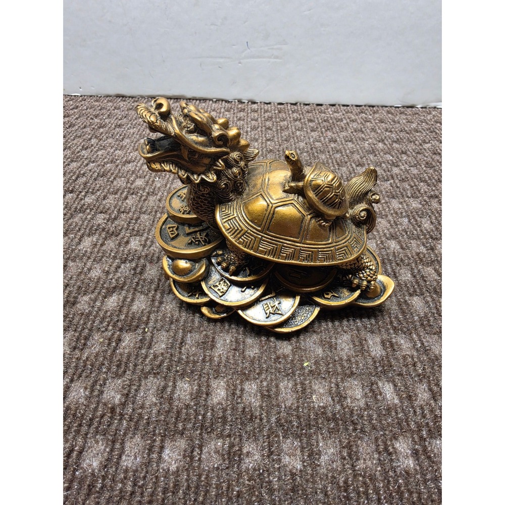 Feng Shui Dragon Turtle Statue Gold Fortune Coins Longevity Wealth Figurine
